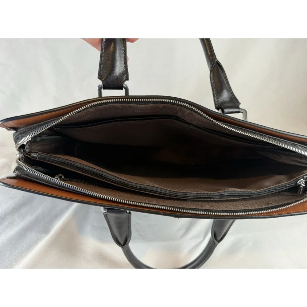 BOSTANTEN Saffiano Leather Briefcase Laptop Bag Black Tan Shoulder Strap Tote